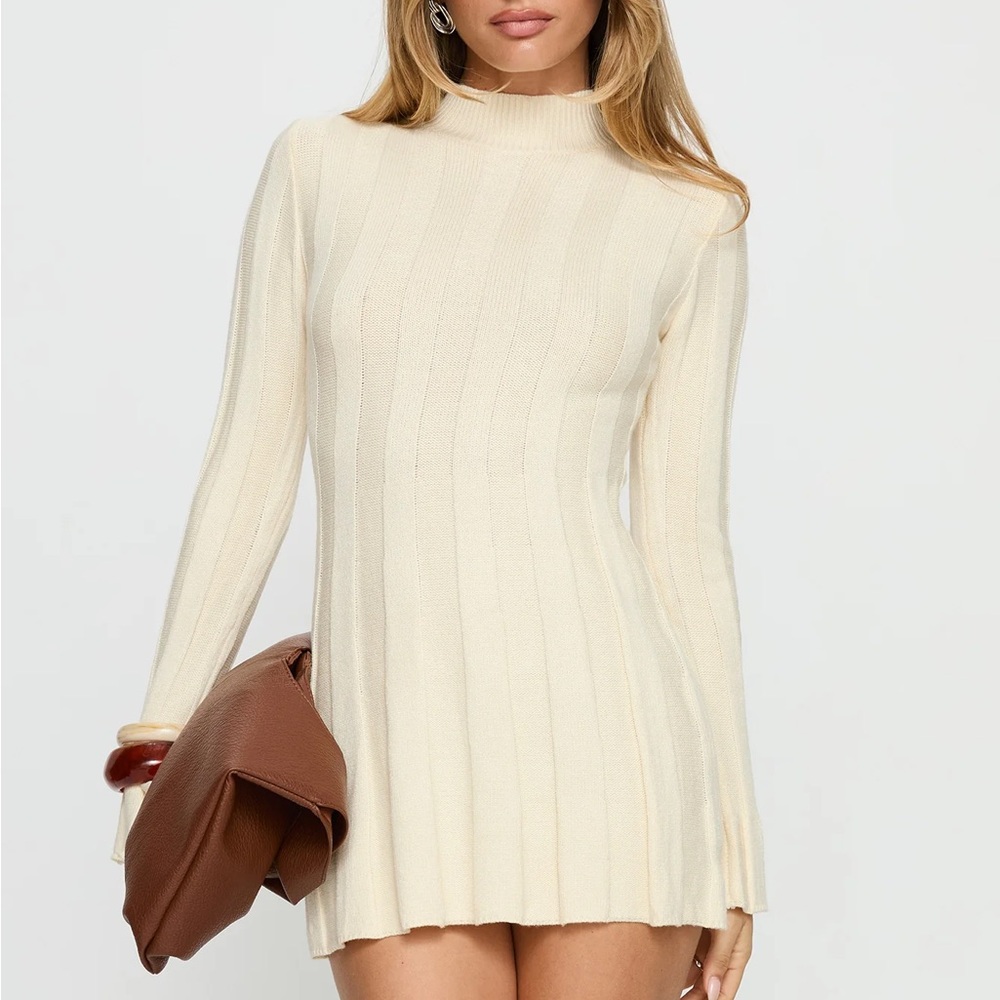 Princess Polly | Carlee Rib Long Sleeve Mini Dress Cream